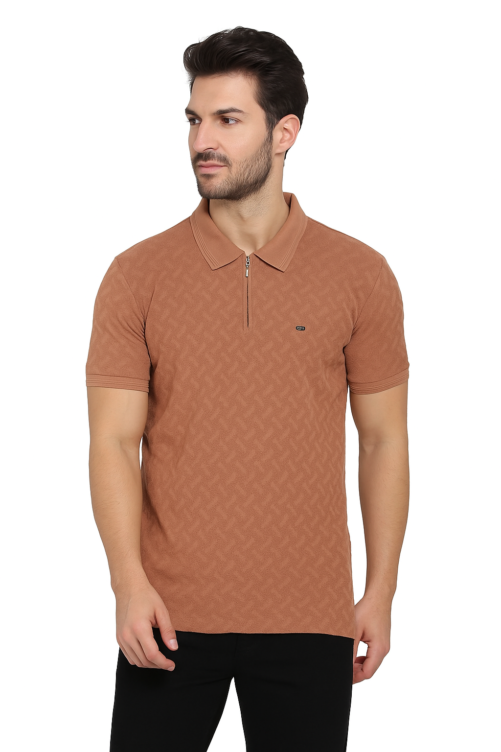 Elegant Textured Brown Zipper Polo T-Shirt for Men