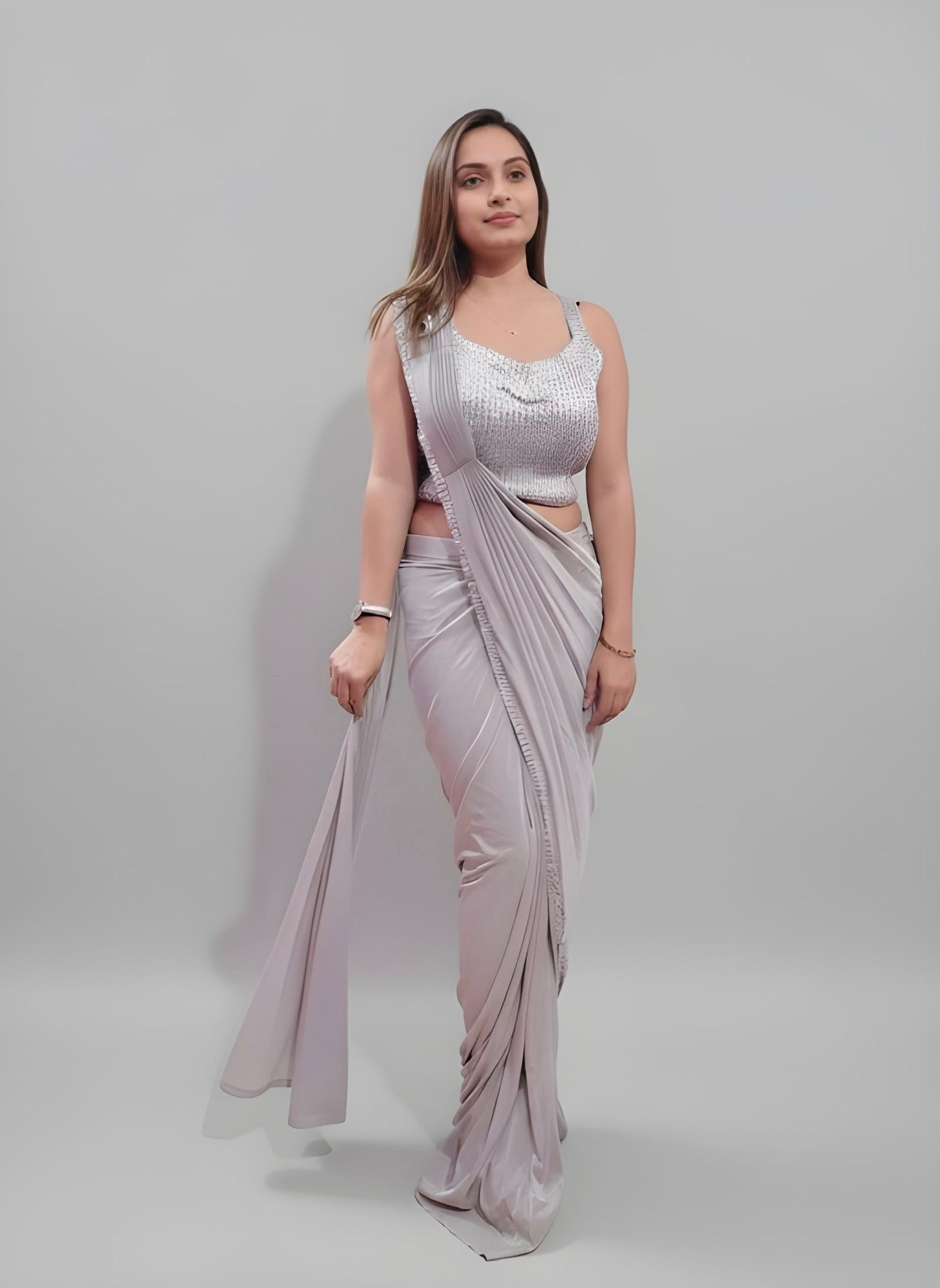 Elegant Silver Saree – Party Wear Designer Saree with Sequin Blouse