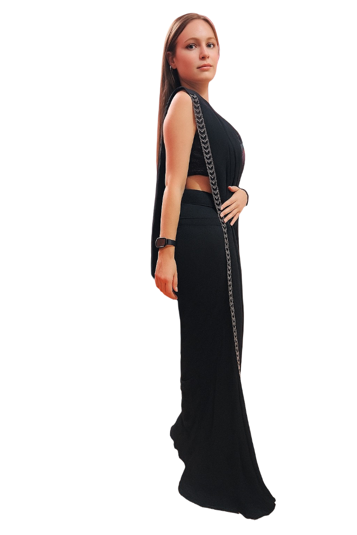 Elegant Black Designer Saree with Sequin Border & Blouse – Party & Evening Wear