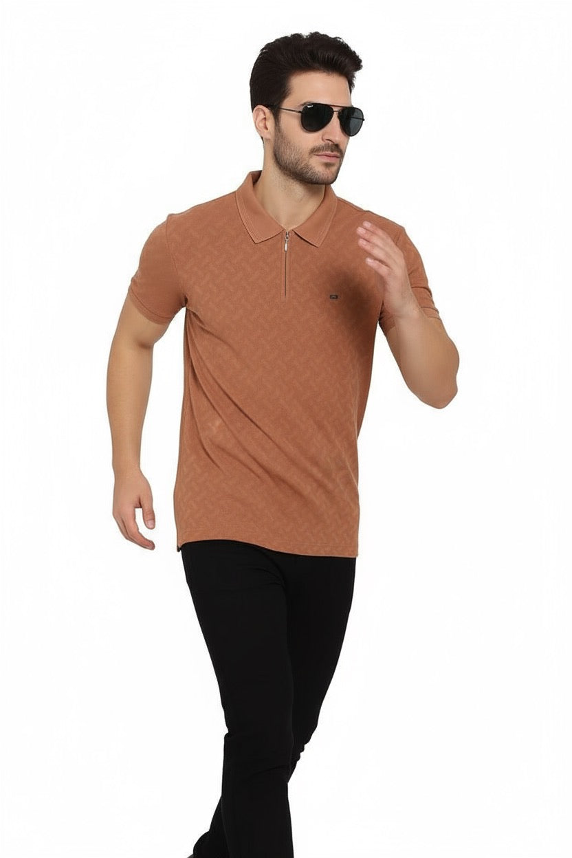 Elegant Textured Brown Zipper Polo T-Shirt for Men