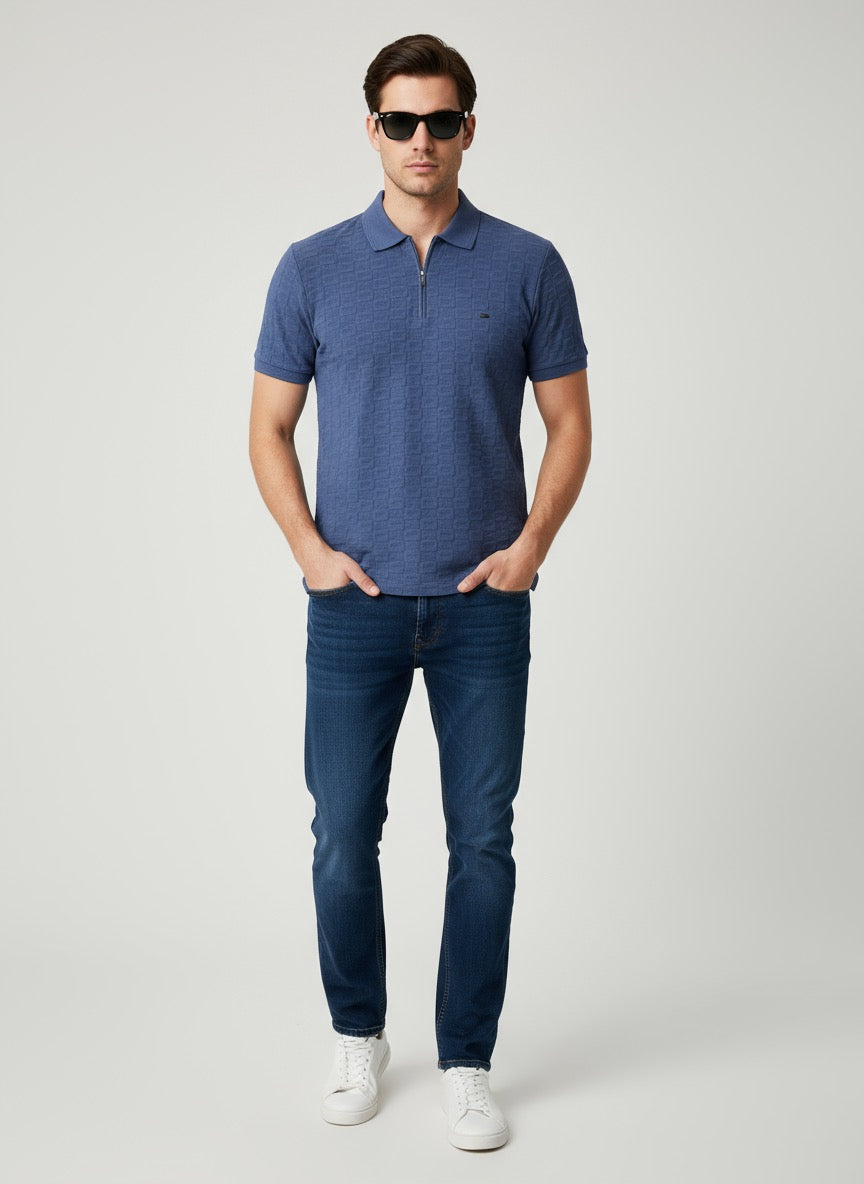 Men’s Elegant Blue Textured Polo T-Shirt with Zip Collar – Casual & Stylish Summer Wear