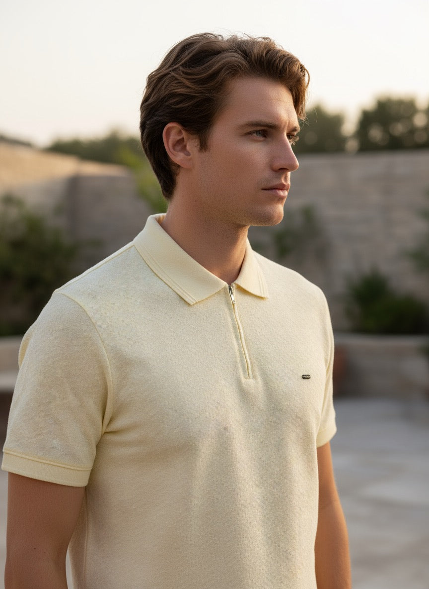 Men’s Ivory Half-Zip Polo T-Shirt – Casual Summer Shirt for Everyday Wear