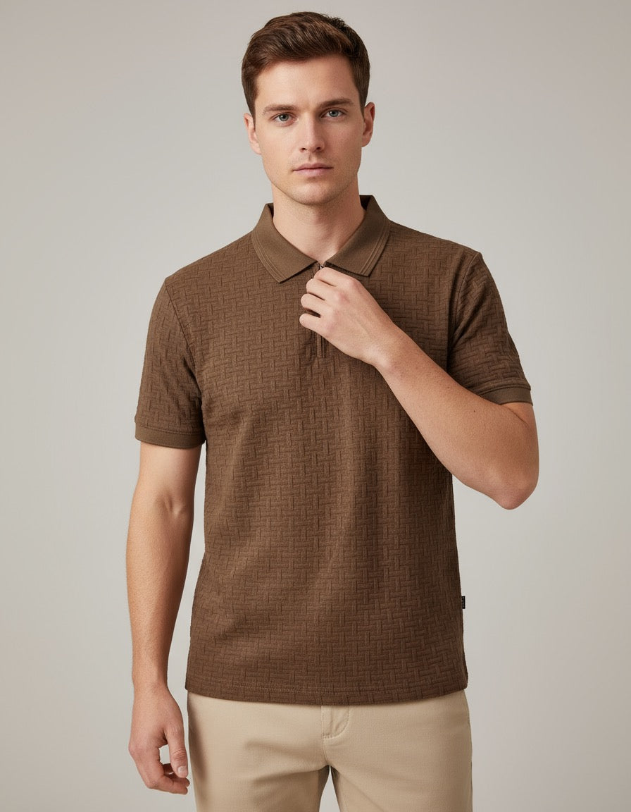 Men’s Premium Brown Textured Polo T-Shirt with Half-Zip Collar – Stylish, Comfortable & Smart Casual Wear