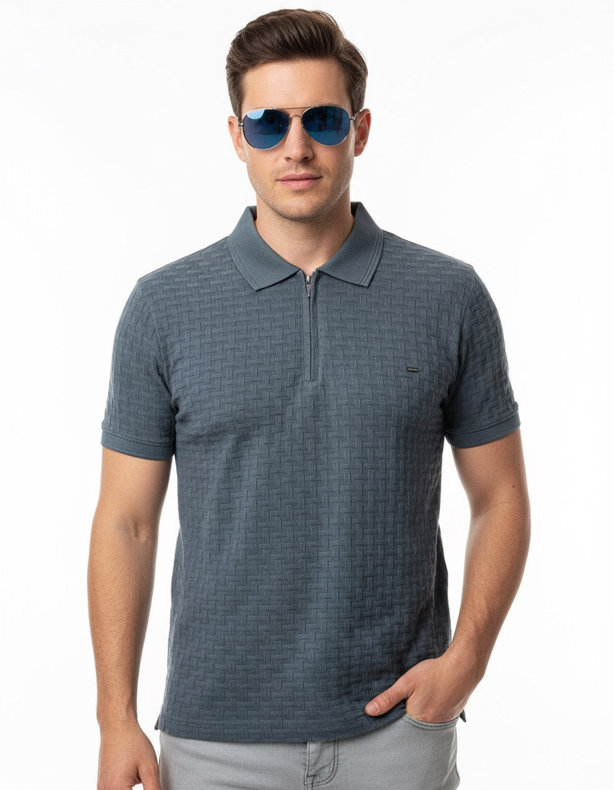 Buy Men’s Slate Blue Polo T-Shirt Online – Premium Textured Zip Collar for Casual & Smart Look