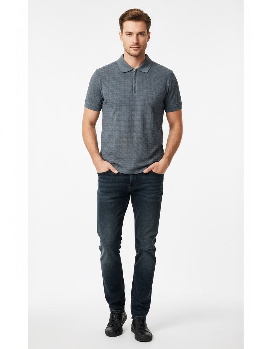 Buy Men’s Slate Blue Polo T-Shirt Online – Premium Textured Zip Collar for Casual & Smart Look