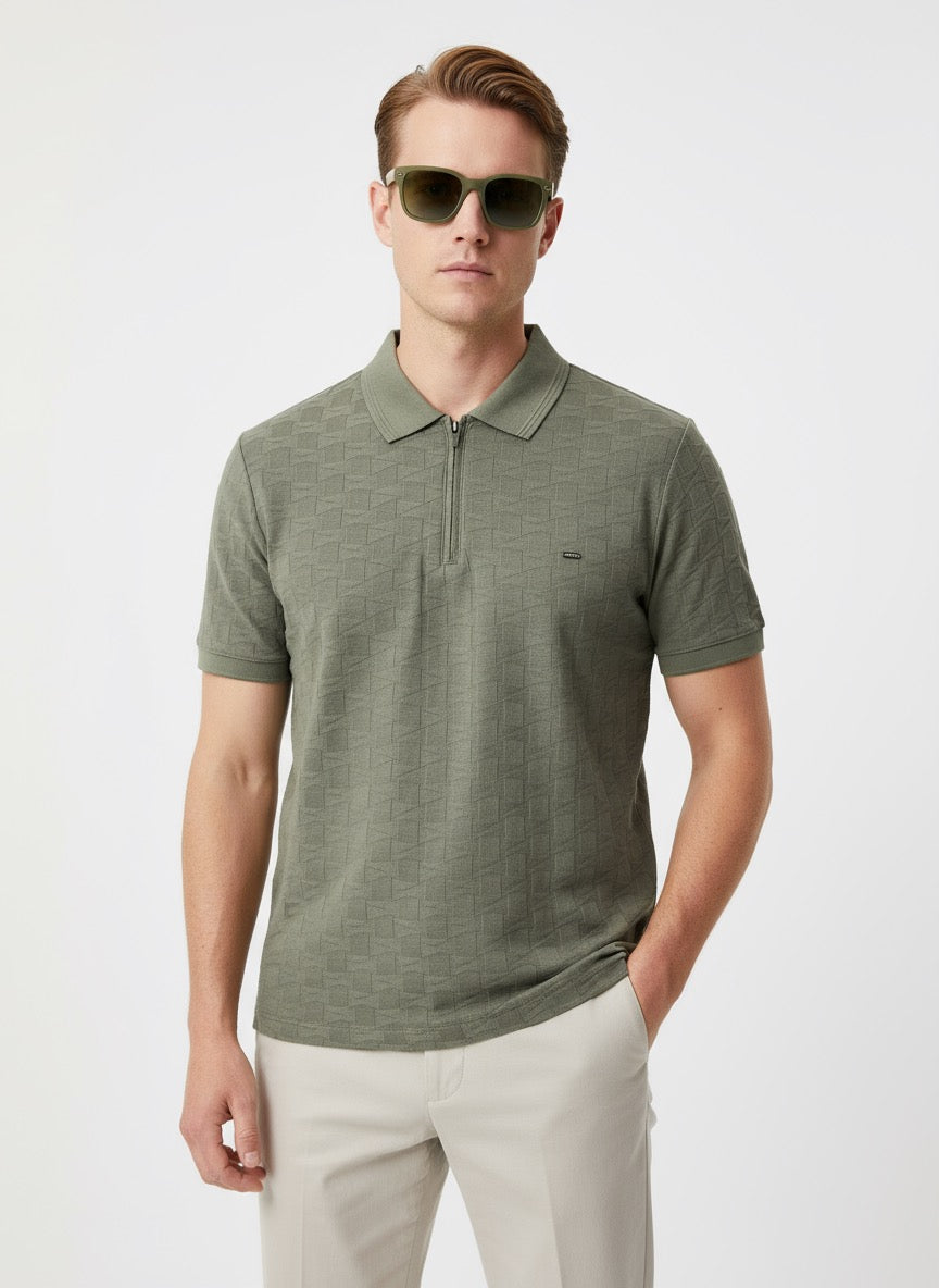 Men’s Olive Green Polo T-Shirt | Half Zip Collar Textured Cotton Blend | Casual, Office & Smart Wear