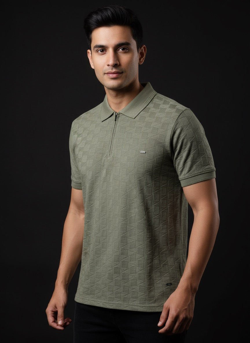 Men’s Olive Green Polo T-Shirt | Half Zip Collar Textured Cotton Blend | Casual, Office & Smart Wear