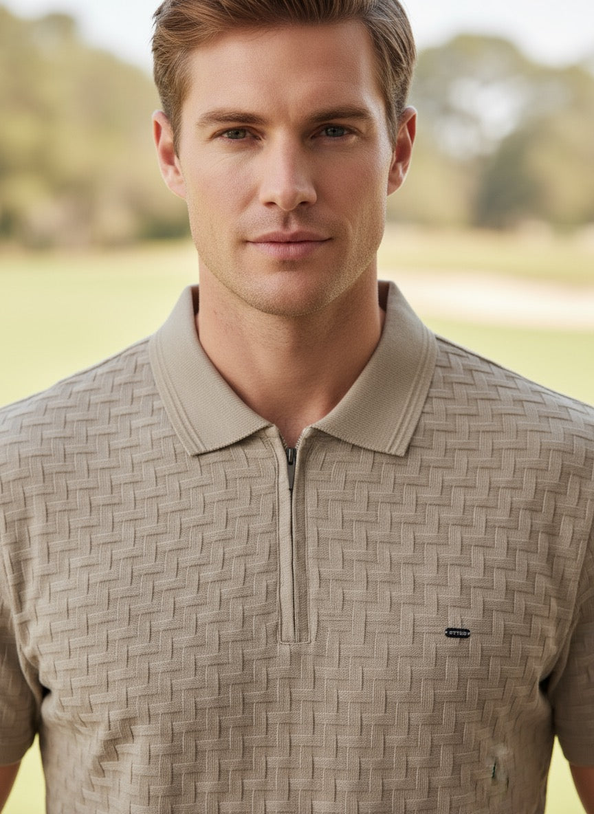Men's Beige Textured Polo Shirt | Modern Waffle Knit, Lightweight, Stylish V-Placket Collar