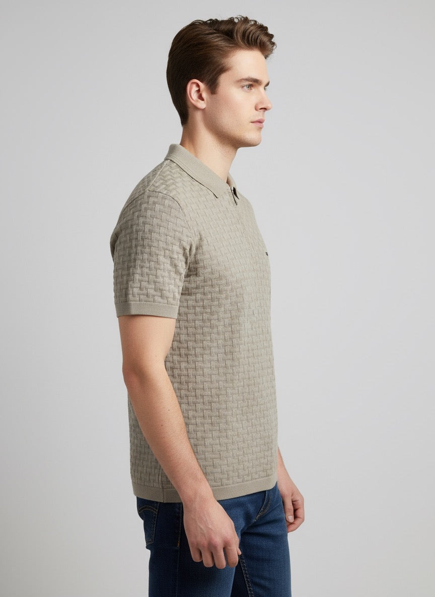 Men's Beige Textured Polo Shirt | Modern Waffle Knit, Lightweight, Stylish V-Placket Collar