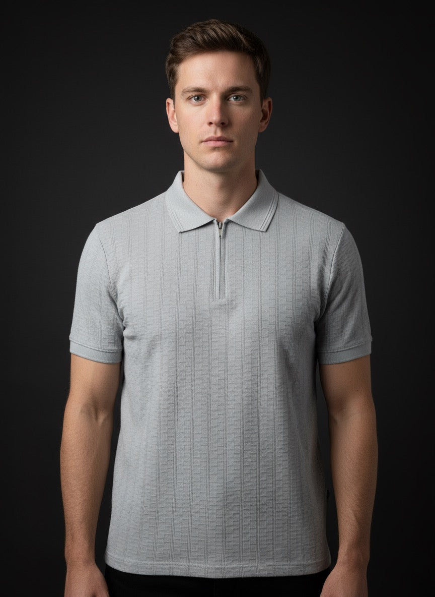 Premium Light Grey Textured Zip Polo Shirt for Men – Contemporary Elegant Short Sleeve Knit