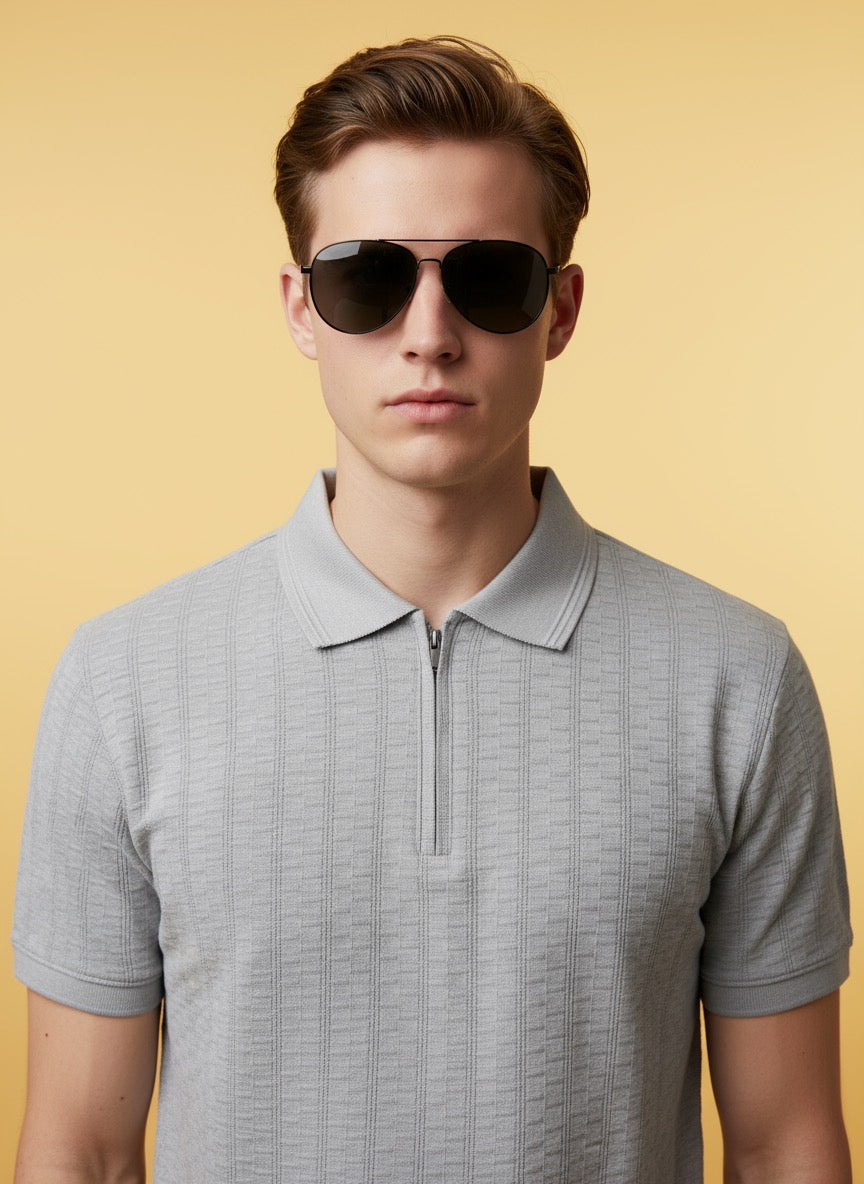 Premium Light Grey Textured Zip Polo Shirt for Men – Contemporary Elegant Short Sleeve Knit