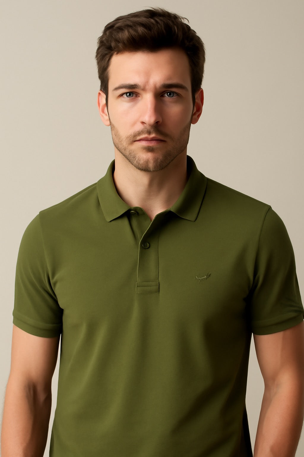 Men’s Olive Green Cotton Polo T-Shirt - Military Style Short Sleeve Collared T-Shirt