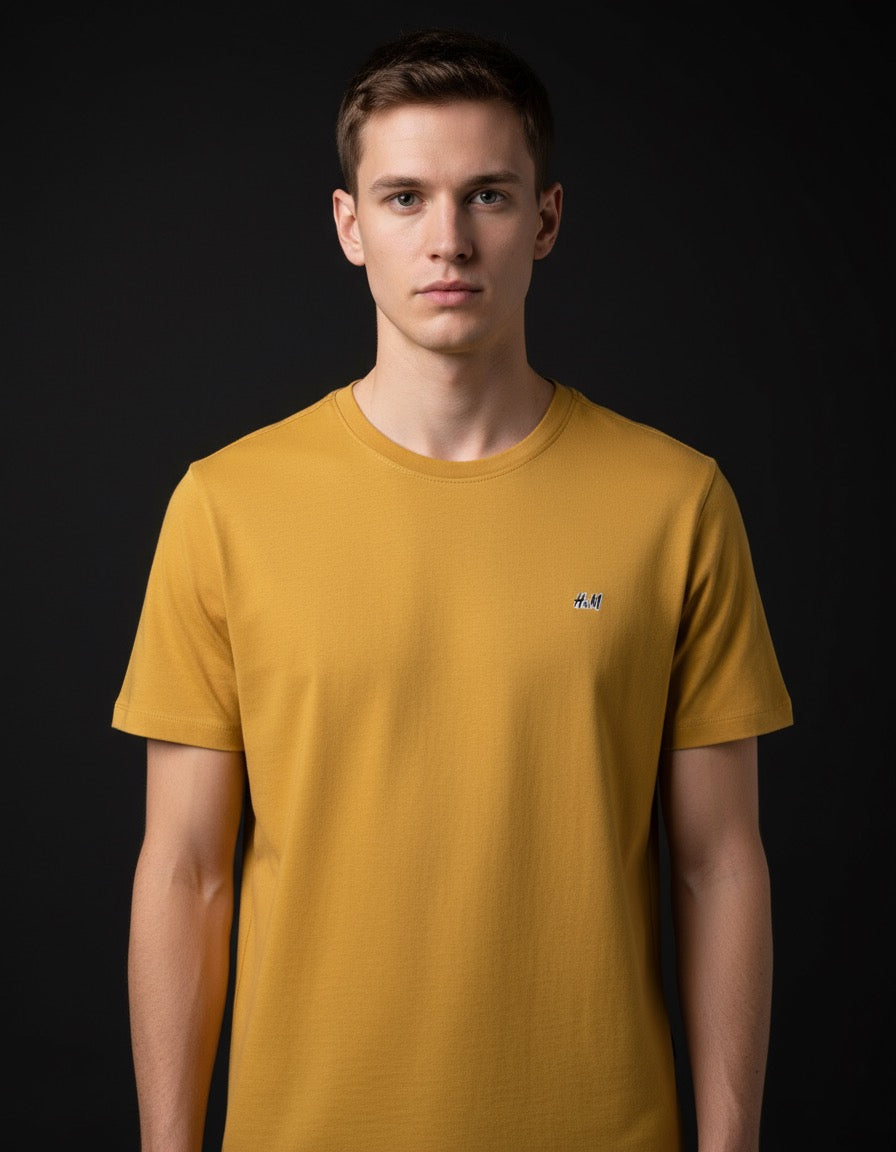 Premium Yellow H&M T-Shirt – 100% Cotton, Medium Size, Classic Crew Neck for Men