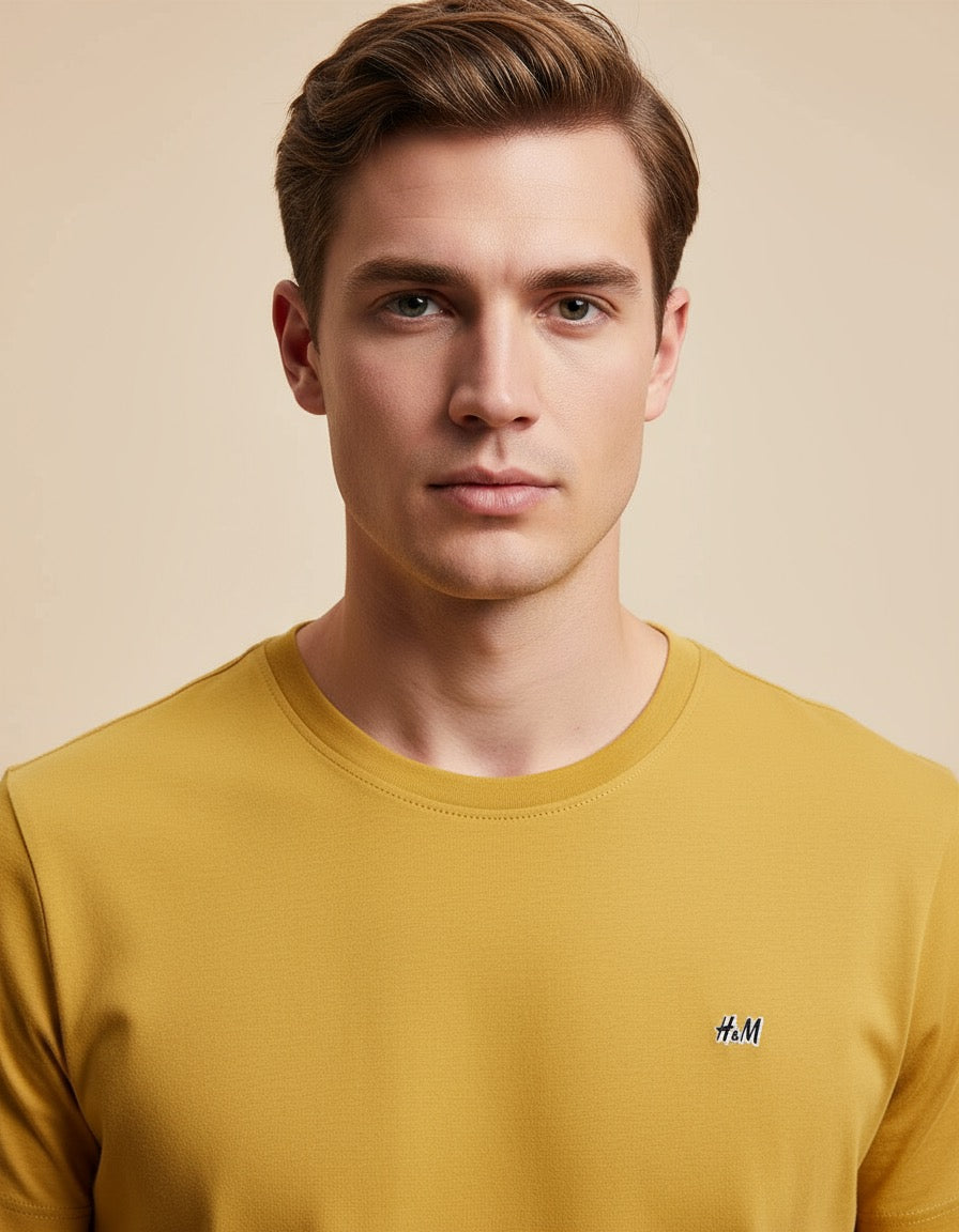 Premium Yellow H&M T-Shirt – 100% Cotton, Medium Size, Classic Crew Neck for Men