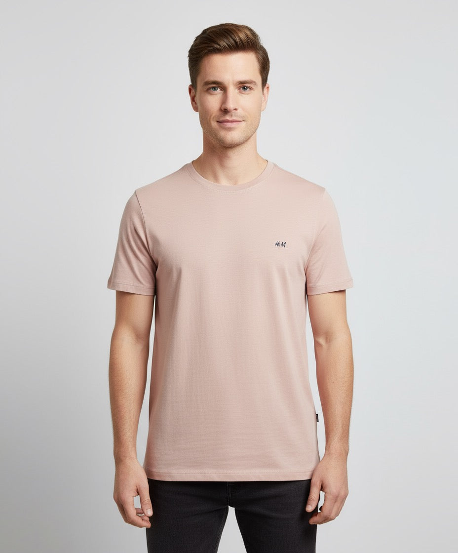 H&M Light Pink Cotton T-Shirt for Men – Medium Size, Minimalist Design