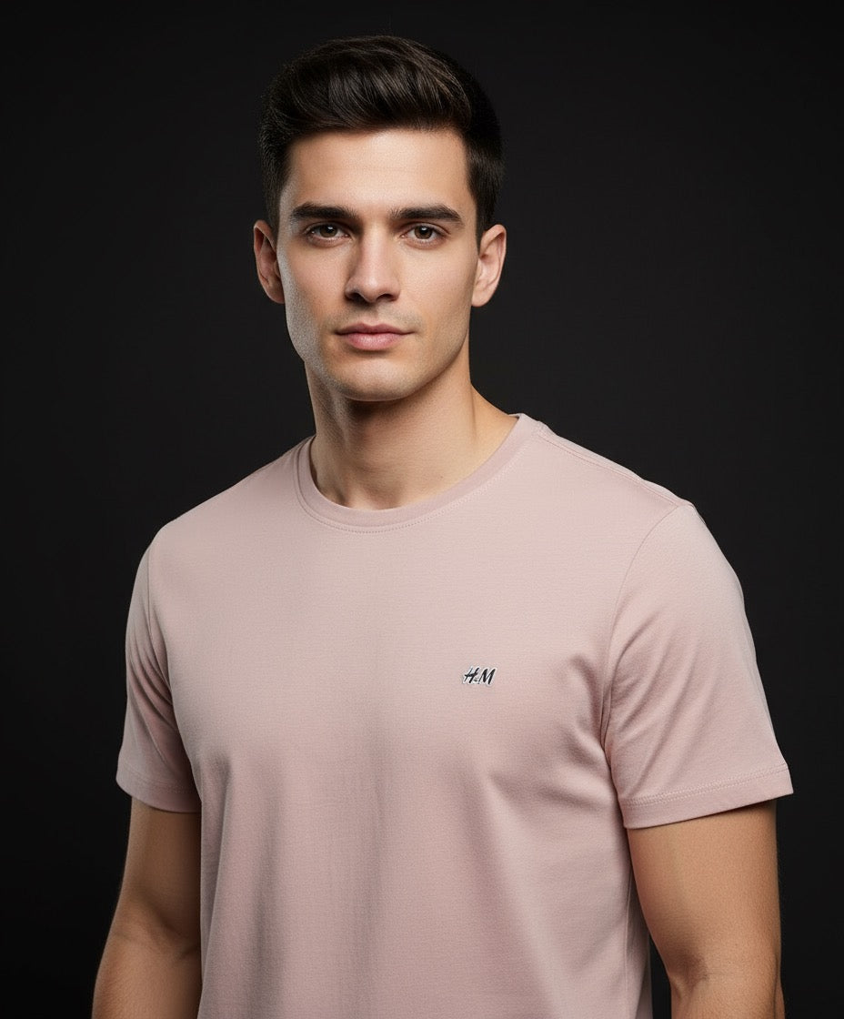 H&M Light Pink Cotton T-Shirt for Men – Medium Size, Minimalist Design