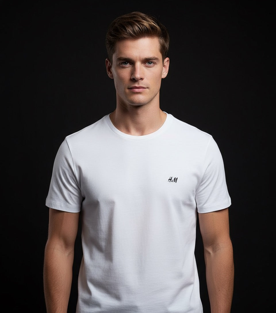 H&M Men’s White Regular Fit Cotton T-Shirt – Classic Round Neck, Short Sleeve