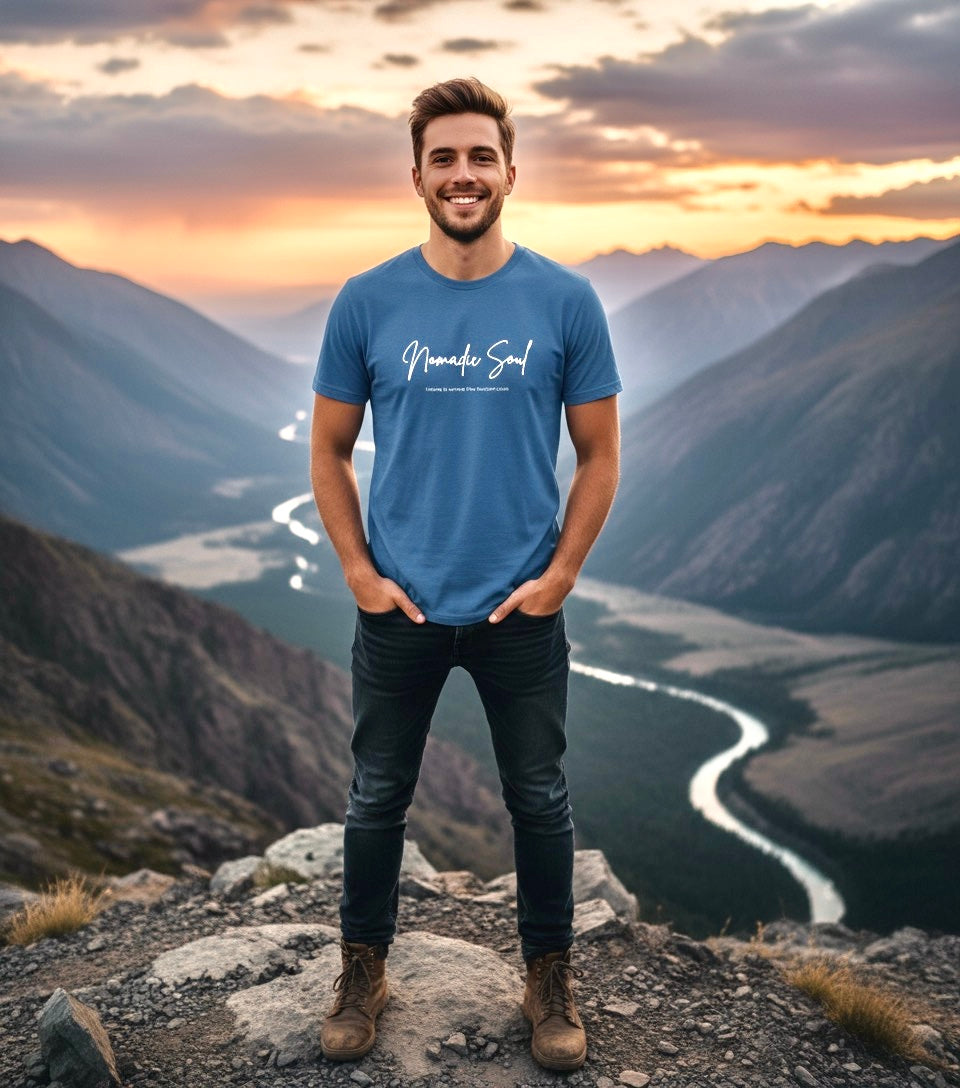 Nomadic Soul Blue T-Shirt – Comfortable Cotton Tee for Travelers & Free Spirits