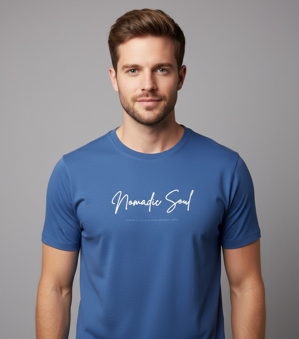 Nomadic Soul Blue T-Shirt – Comfortable Cotton Tee for Travelers & Free Spirits
