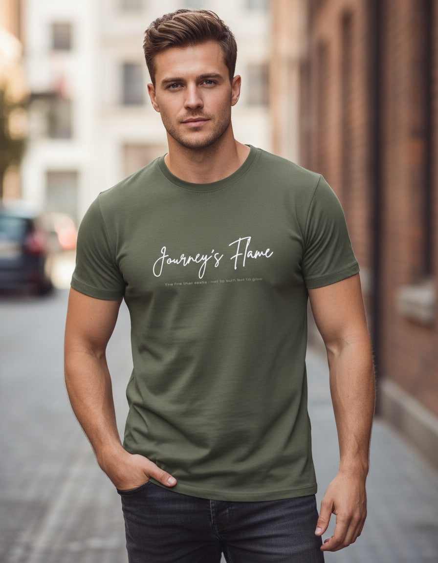 Olive Green “Journey’s Flame” Motivational Quote Cotton T-Shirt for Men