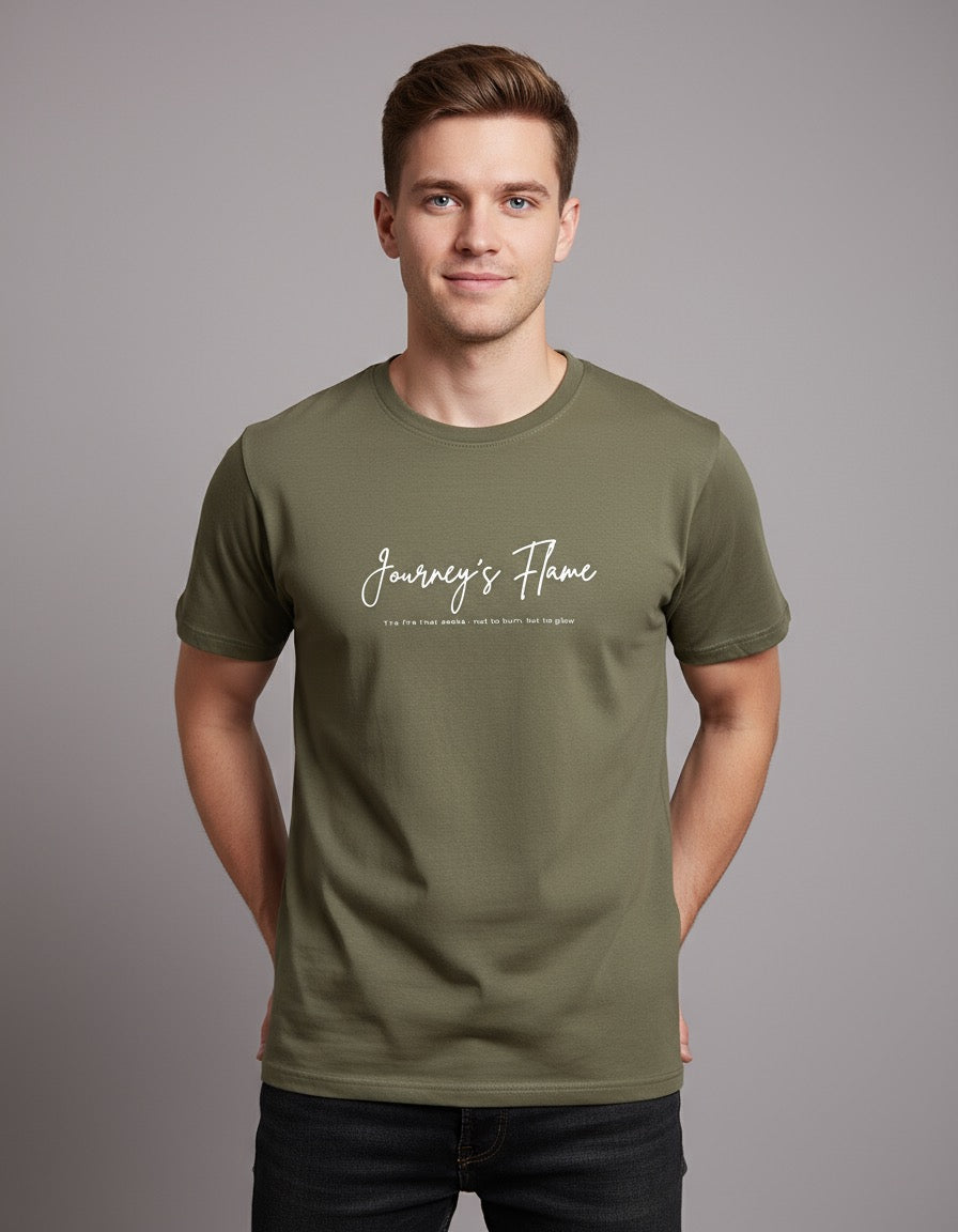 Olive Green “Journey’s Flame” Motivational Quote Cotton T-Shirt for Men