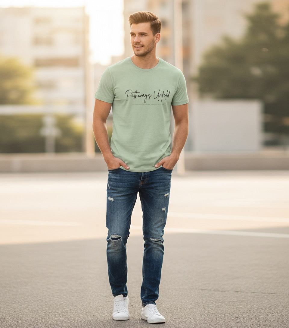 Pastel Green “Pathways Unfold” Graphic T-Shirt for Men – 100% Cotton